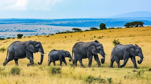 Graceful Family of African Elephants Walking Across the Savanna