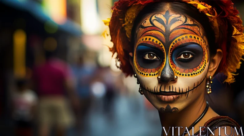 Mesmerizing Sugar Skull Makeover: Macro Photography in Dark Orange AI Image