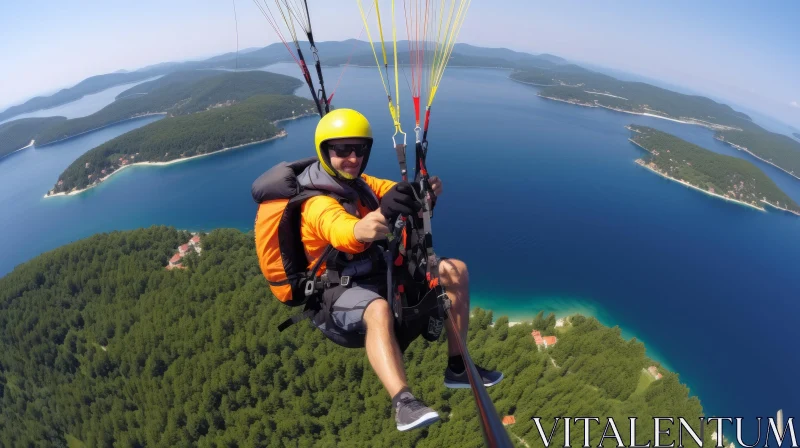 AI ART Paraglider Flying Over Stunning Green Hills and Blue Water