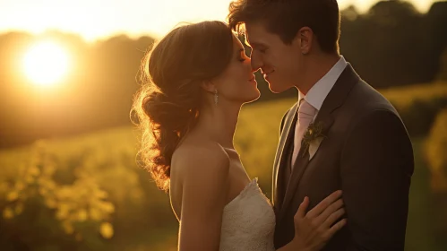Romantic Wedding Kiss in Vineyard at Sunset