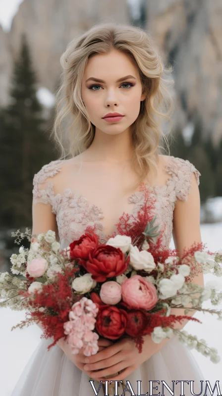 Snowy Bridal Elegance: A Winter Wedding Scene AI Image