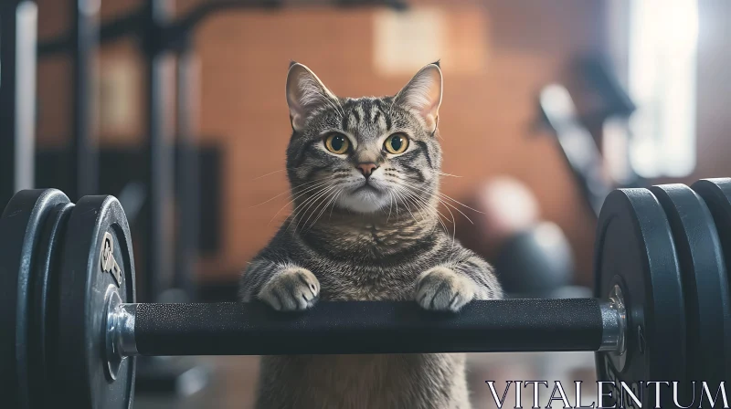 Determined Cat Holding a Dumbbell AI Image