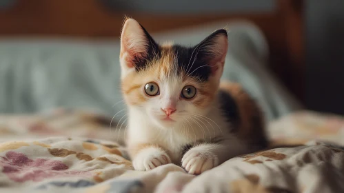 Cute Calico Kitten on a Soft Floral Blanket