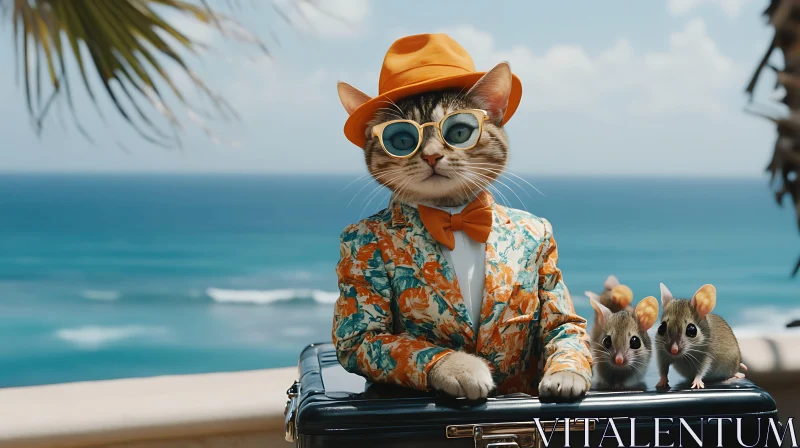 Stylish Cat and Mice at the Beach AI Image