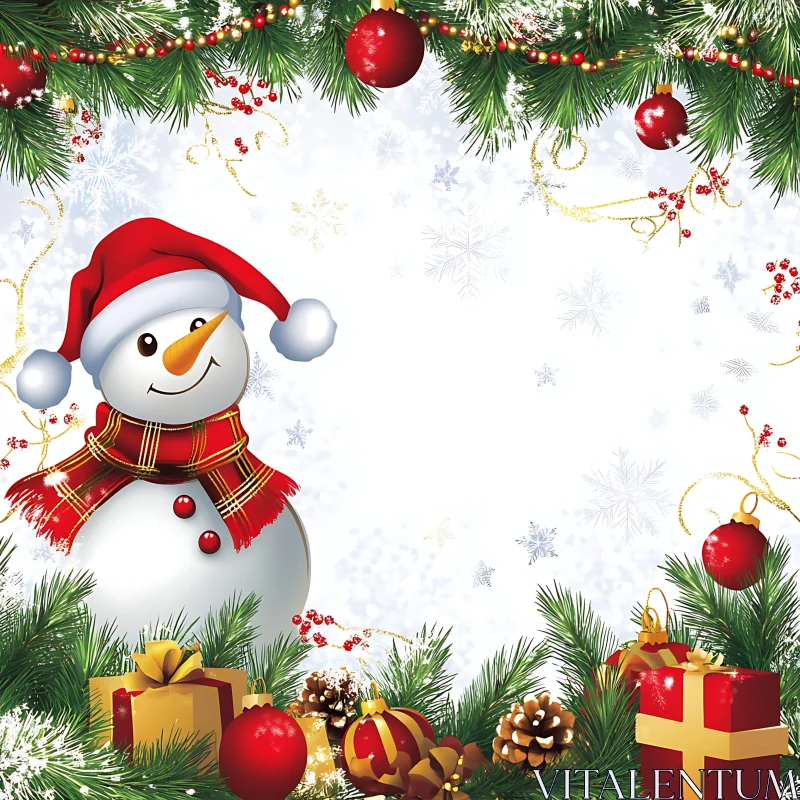 Holiday Snowman and Christmas Ornaments AI Image