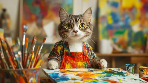 Cute Feline Painter in Vibrant Overalls