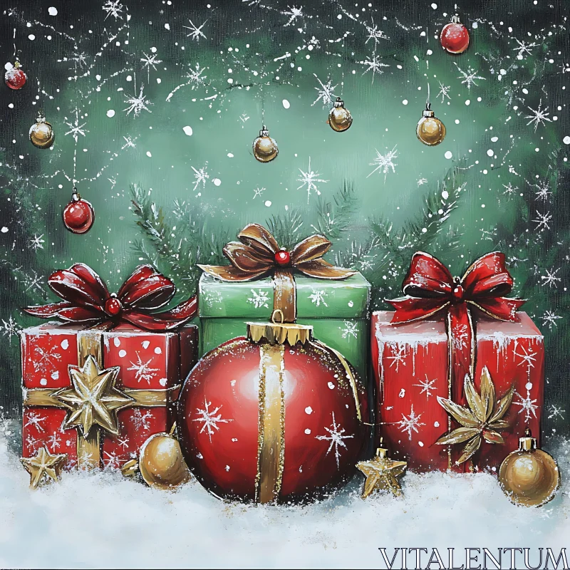 Christmas Gifts and Ornaments in Snow AI Image