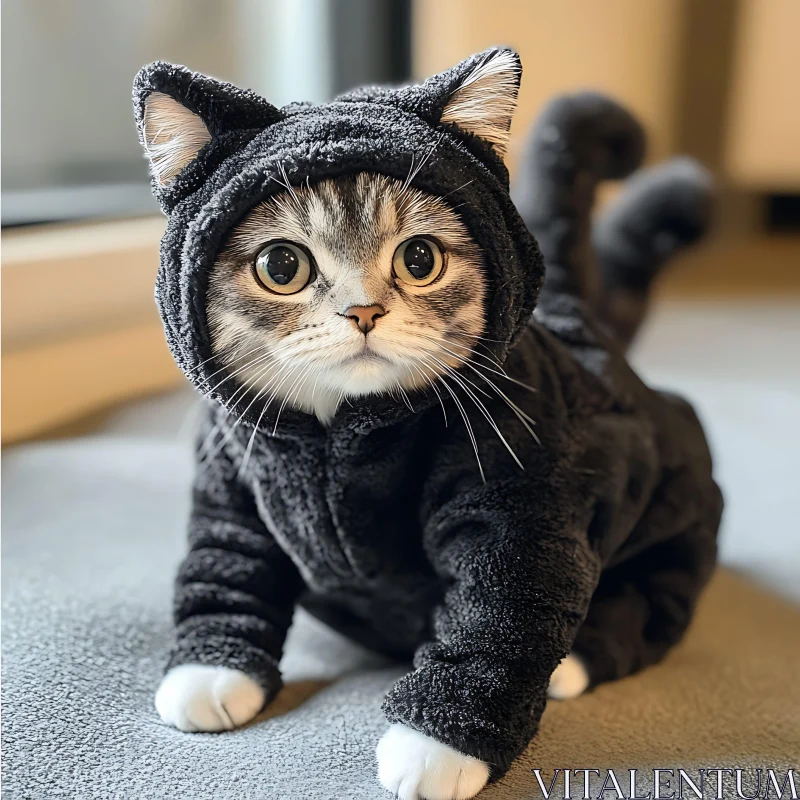 Cute Kitten with White Paws in Black Costume AI Image