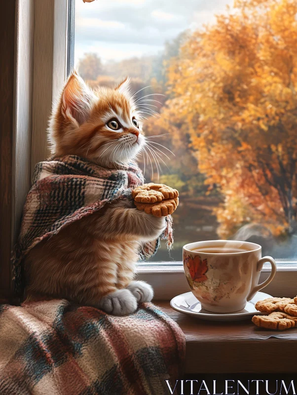 Cozy Kitten with Cookies and Tea on an Autumn Day AI Image