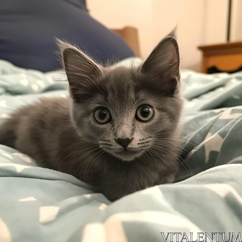 Cute Gray Kitten with Green Eyes on Blanket AI Image