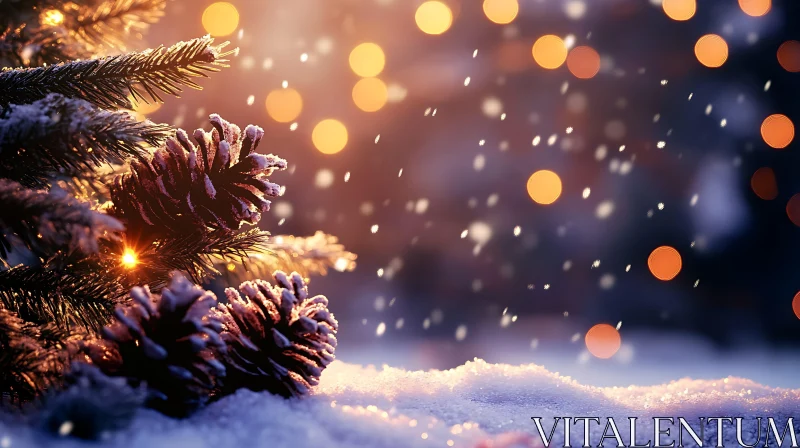 Festive Pine Cones in Winter Snow AI Image