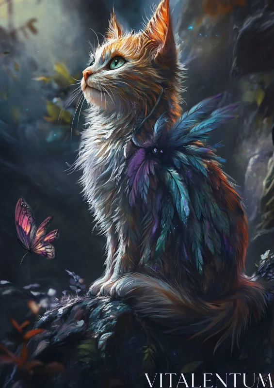 Mystical Cat and Butterfly in Enchanted Forest AI Image