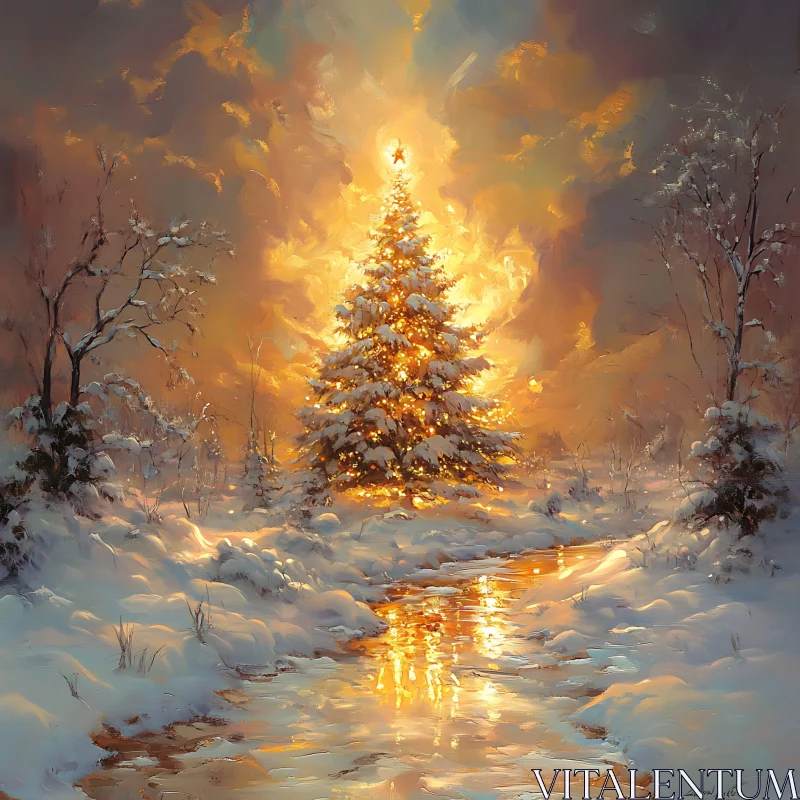 Festive Winter Wonderland with Radiant Christmas Tree AI Image