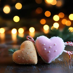 Soft Fabric Heart Ornaments with Warm Bokeh Lighting