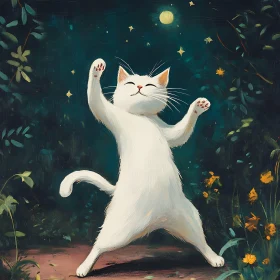 Playful Cat Enjoying Moonlit Garden