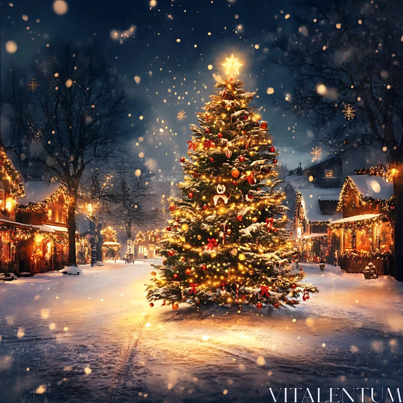 Festive Winter Village with Christmas Tree AI Image