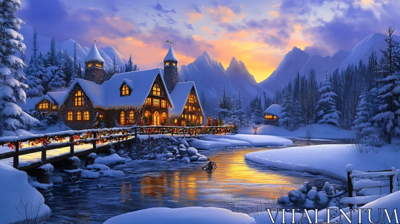 Christmas Cabin in Snowy Mountain AI Image