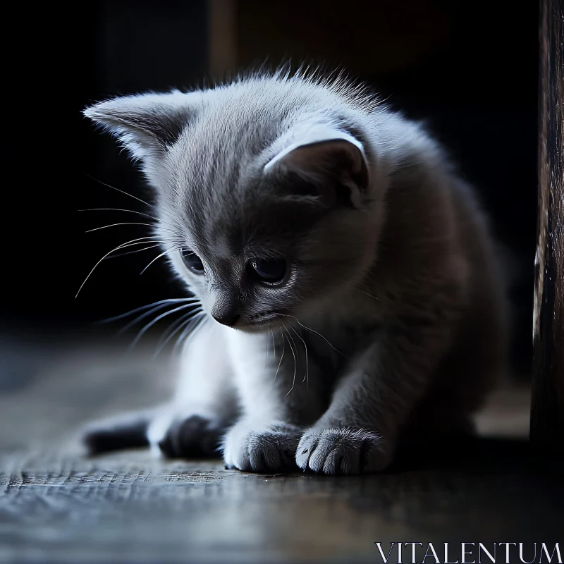 Adorable Gray Kitten on Wooden Flooring AI Image