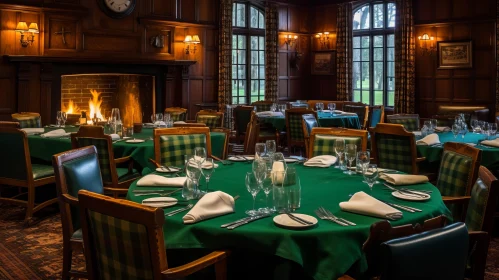 Classic Academia Dining Room with Green and Blue Linens