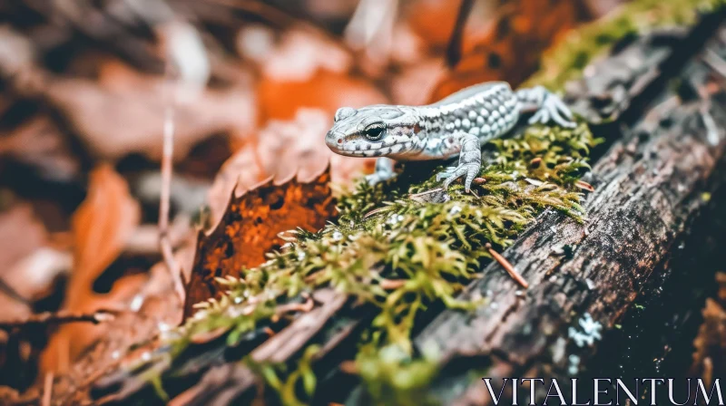 Close-up of a Majestic Lizard on a Mossy Log AI Image