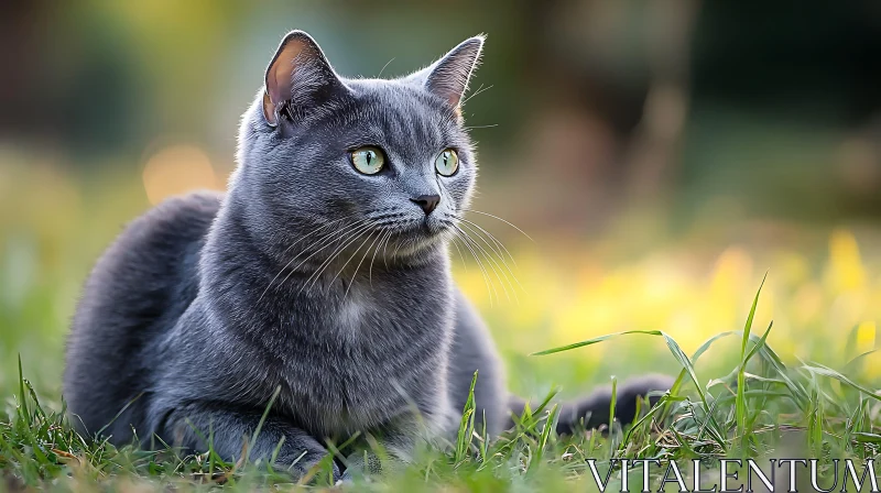 Elegant Grey Cat with Striking Green Eyes in Natural Setting AI Image