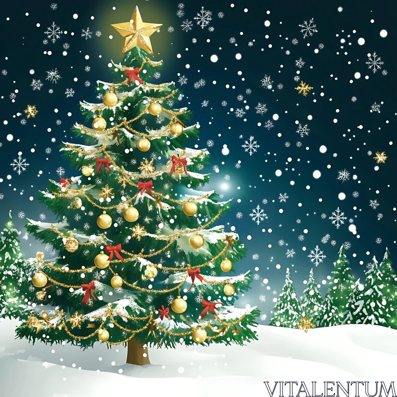 Festive Christmas Tree on a Snowy Night AI Image