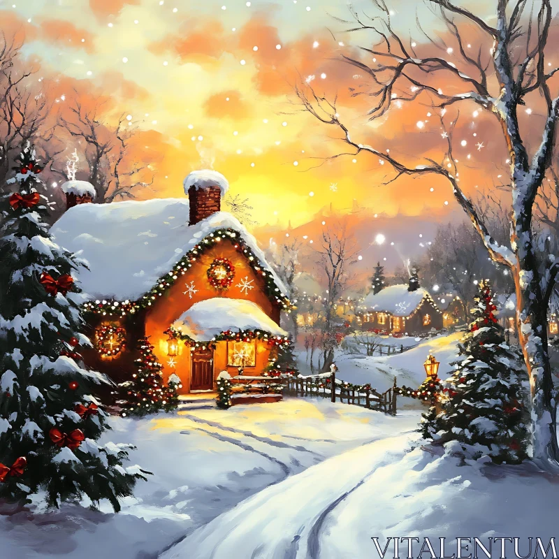 Festive and Cozy Snowy Christmas Cottage AI Image