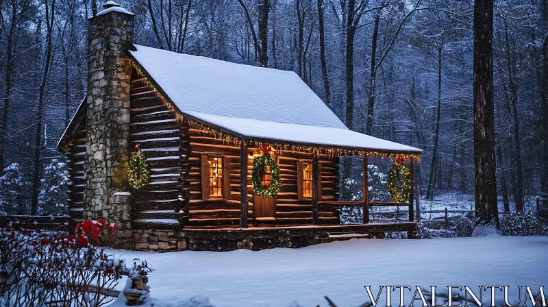 Festive Winter Cabin in Snowy Forest AI Image