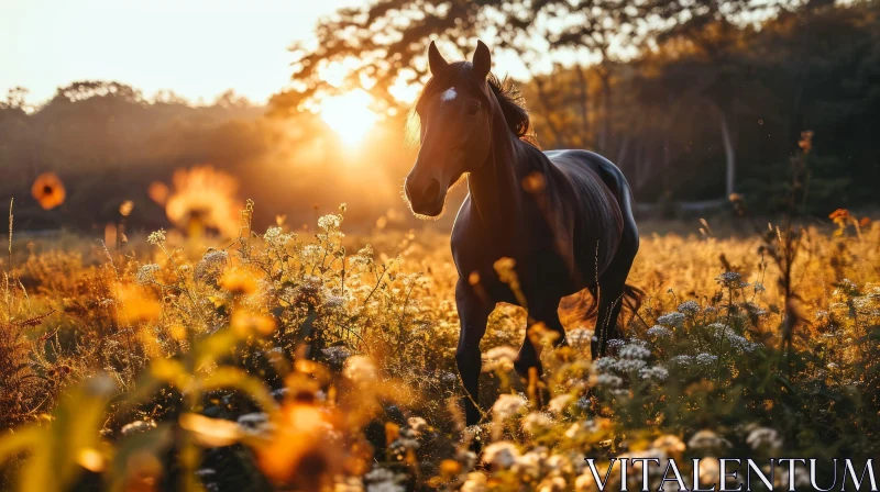Majestic Horse Running in Colorful Flower Field AI Image
