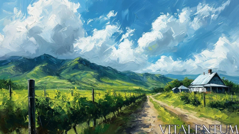 Peaceful Rural Landscape Painting with House and Mountains AI Image