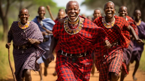 Traditional Men Running | Joyful African Influence | Light Crimson and Brown