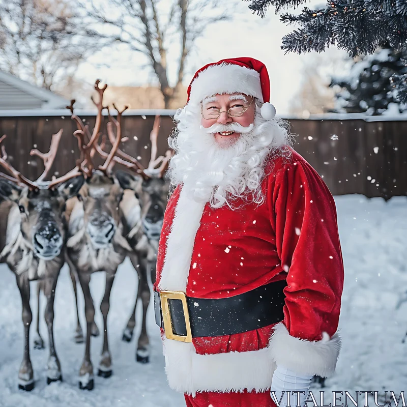 Santa Claus and Reindeer in a Festive Snowy Scene AI Image