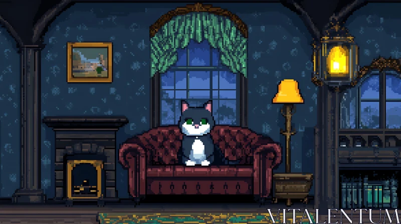 Charming Pixel Art Cat in a Cozy Room AI Image