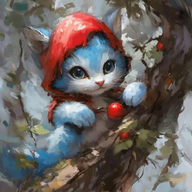 Cute Blue Kitten with Red Hood and Berry