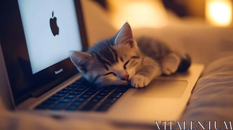 AI ART Cute Kitten Napping on Computer