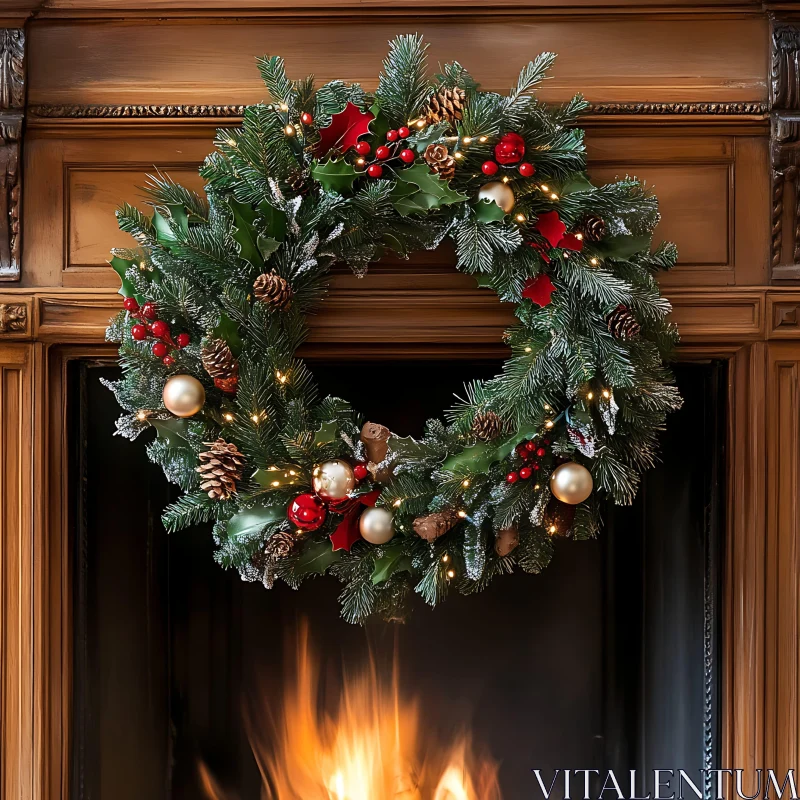 Holiday Wreath Over Warm Fireplace AI Image