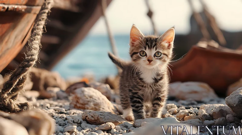 Curious Tabby Kitten on a Sunny Beach AI Image