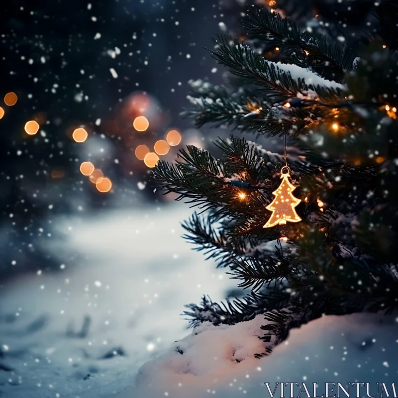 Festive Christmas Tree with Star Ornament in Snow AI Image