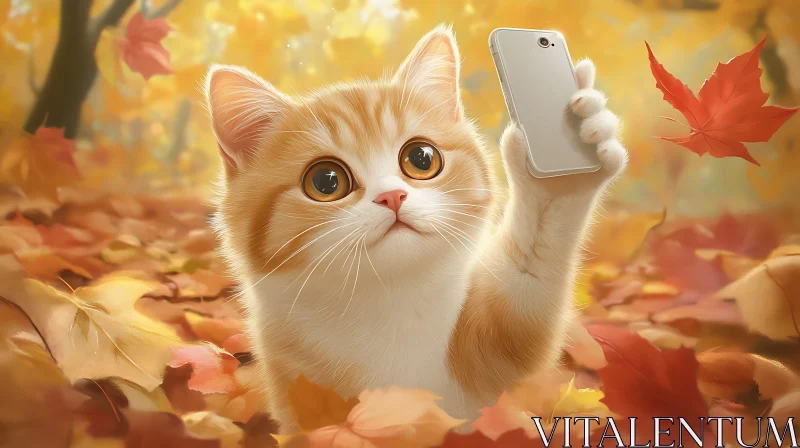 Kitten Selfie in Fall Leaves AI Image