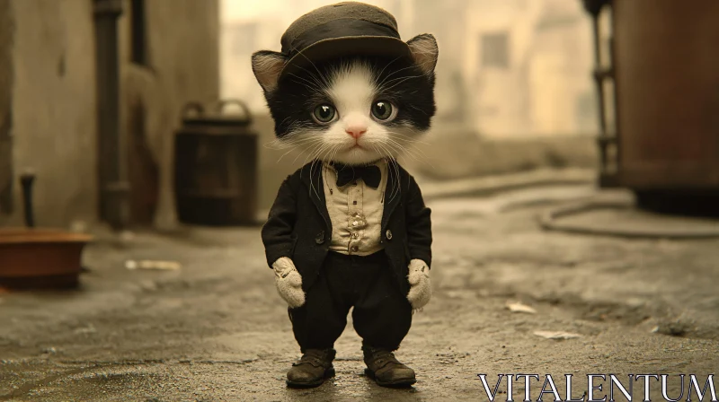 AI ART Endearing Kitten in Old-Fashioned Clothes in an Urban Alley