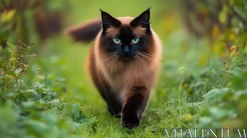 Graceful Long-Haired Cat Strolling in Greenery AI Image