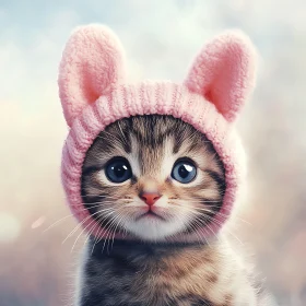 Cute Kitten with Big Blue Eyes Wearing Pink Hat