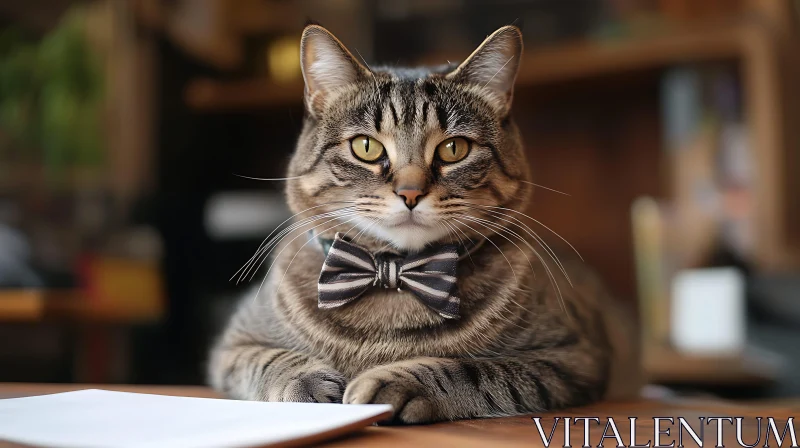 Fashionable Tabby Cat with Green Eyes and Bow Tie AI Image