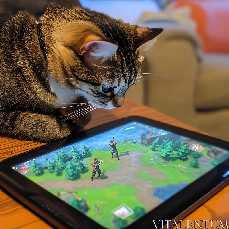 Cat Engrossed in Tablet Game Display AI Image