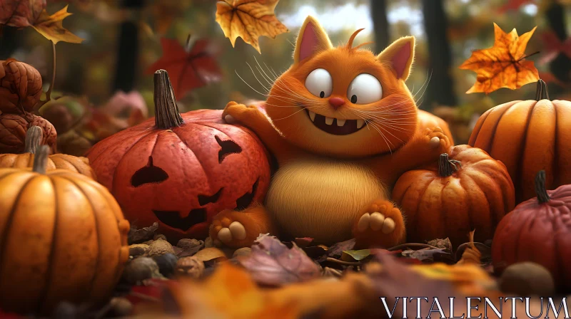 AI ART Whimsical Cat Playing with Pumpkins in Autumn