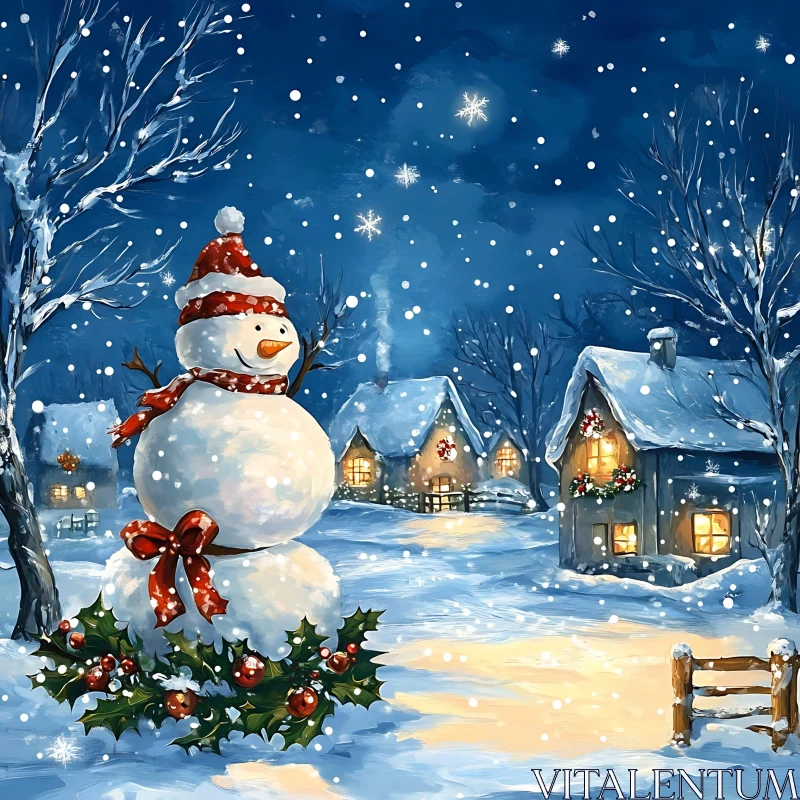 Cozy Winter Night Snowman Scene AI Image