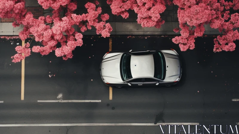 Aerial View of Car on Street with Cherry Blossom Tree | Minimalist Imagery AI Image