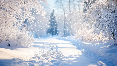 Snowy Forest Path with Falling Snowflakes