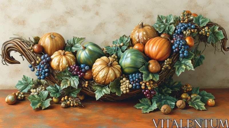 Captivating Still Life: Cornucopia, Pumpkins, Grapes, and Nuts AI Image