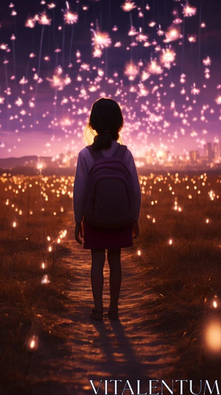 Captivatingly Atmospheric Field Painting with a Girl Standing in Glowing Lights AI Image
